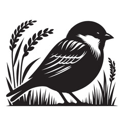 Black and white silhouette of a sparrow standing in grass.