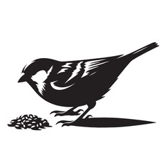 Black and white silhouette of a sparrow standing on a pile of seeds.