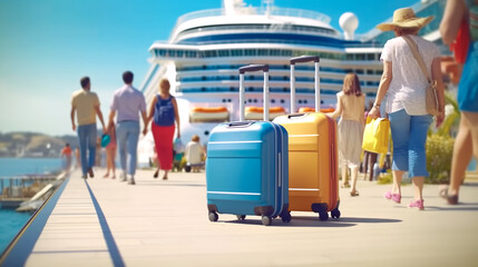 Yellow and blue suitcases stand in port as they are loading onto cruise ship. Family rest and vacation concept. High quality illustration