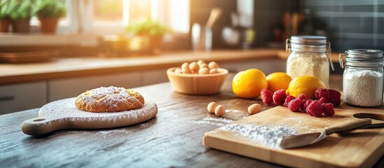 Close up of a kitchen counter with a pastry, lemons, raspberries, and flour, with a blurred kitchen in the background.
