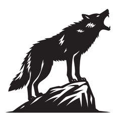 Black and white silhouette of a wolf howling on a rock.