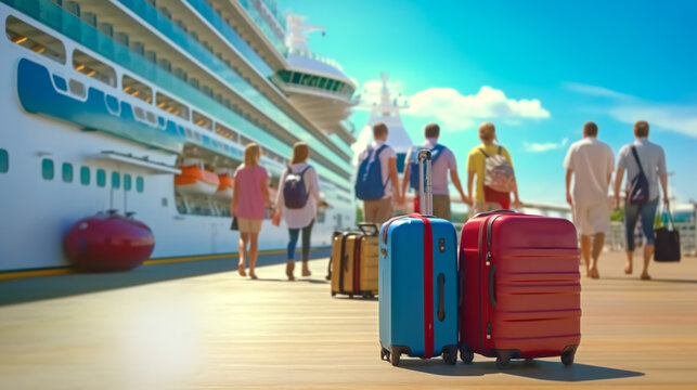 Red and blue suitcases stand in port as they are loading onto cruise ship. Family rest and vacation concept. High quality illustration