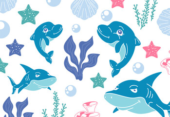 Seamless pattern with shark,dolphin and sea life