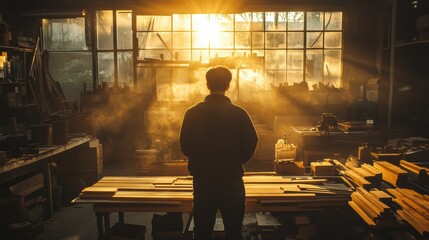 Low-Fi photography, wood craft man workshop. dramatic lighting. cinematic.