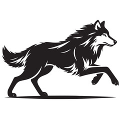 Black and white silhouette of a wolf running.