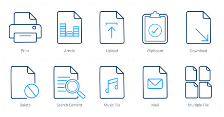 A set of 10 File icons as print, article, upload