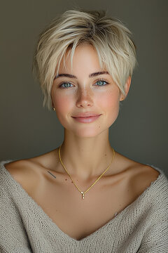Capturing the joy of a blonde woman with a short pixie cut hairstyle smiling radiantly in a natural setting