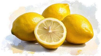 Freshly Squeezed: A vibrant and juicy group of lemons, one sliced open to reveal its zesty interior, create a captivating still life bursting with citrusy goodness.  