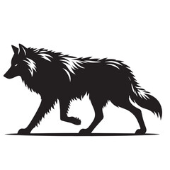 Black and white silhouette of a wolf walking.