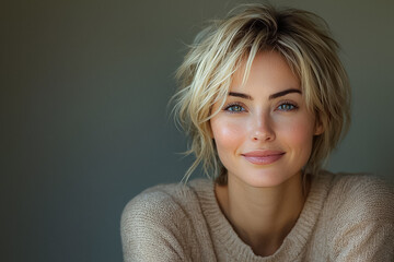 Captivating natural light portrait of a blonde woman with short hair exuding elegance and serenity in a softly lit setting