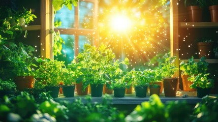 Sunlit indoor herb garden with lush green foliage and sparkling sunshine