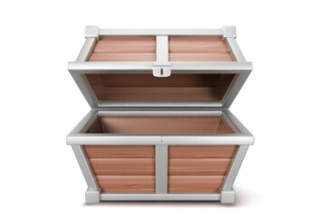Empty treasure chest isolated on white background. Vector realistic illustration of open wooden and iron crate with unlocked trunk, pirate game asset, antique wealth container for money and gemstones