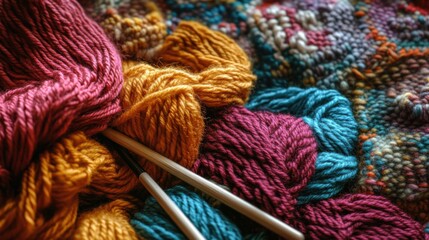 A cozy knitting circle with yarn and knitting needles, Handcrafted knitting craftsmanship style, photo of
