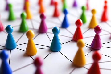 group of people illustrated using a pawn or miniatures, connected with a lines ,networking, sharing information instantly ,expanding your world and staying informed, connect, learn, and grow together