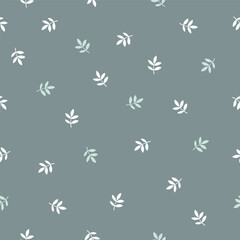 Vector seamless floral pattern in the small leaves. Elegant template for fashion prints with small elements. Dark green gray background