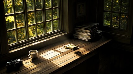 Fototapeta premium A cup of coffee, a camera, a book, and a stack of books on a wooden table by a window overlooking a forest.