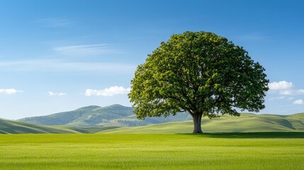 Solitary green tree on a vibrant green field under a clear blue sky.