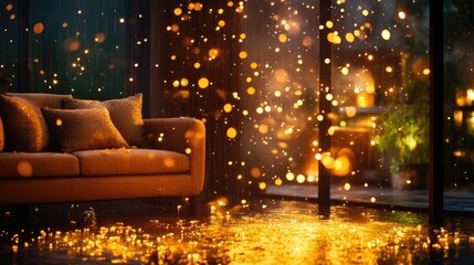 Obraz premium Cozy living room with magical golden lights
