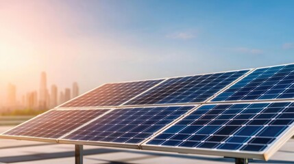 Obraz premium Solar panels on a rooftop, capturing sunlight against a clear blue sky.