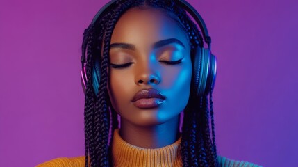 Young woman with trendy braids and purple background, listening to music with headphones, Generative AI