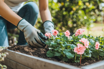Fototapeta premium A gardener plants seedlings of greenery or flowers, hands in gardening gloves. Spring sustainable gardening