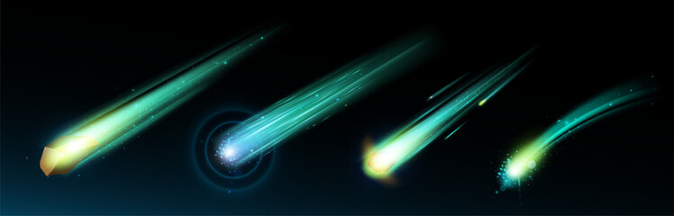 Comet or asteroid fire light trail in space vector. Meteorite fall with flame speed. 3d realistic fireball with dust and sparkle. Glow neon shooting star illustration. Fantasy falling rocket tail © klyaksun
