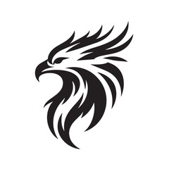 Black and white silhouette of an eagle's head with stylized feathers.