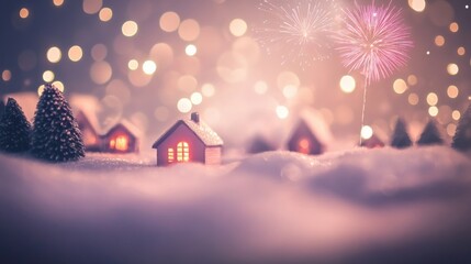 Sparkling Snow-Covered Village with Soft Lighting