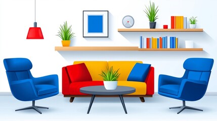 A modern living room with a yellow sofa, two blue armchairs, a coffee table, and a shelf with books and plants.