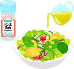 オイルをかけたサラダとビン入りの岩塩