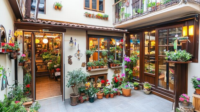 A quaint storefront with potted plants and flowers on a cobblestone street.