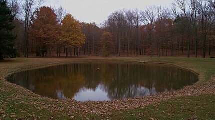 A small pond reflecting the trees in a forest, on a cloudy day.