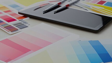 A tablet with two pens and color swatches for graphic design.