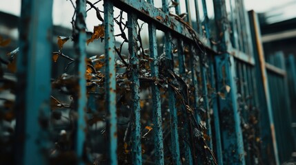 Closed factory gates with rusting metal and faded paint, symbolizing the decline of industry and the passage of time, reflecting a poignant reminder of economic shifts and the human impact of change