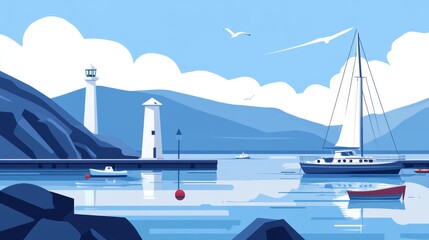 Serene Coastal Harbor with Lighthouses and Sailboat under Blue Sky