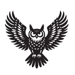 Black and white silhouette of an owl with wings spread.