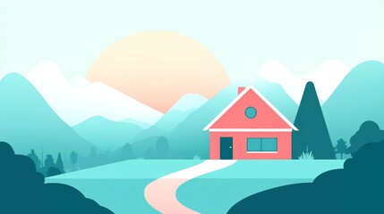 Minimalist Landscape with House and Mountains at Sunrise