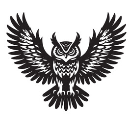 Black and white silhouette of an owl with wings spread.