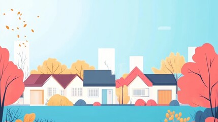 Charming Suburban Houses in Vibrant Autumn Landscape Art Illustration
