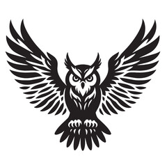 Black and white stylized owl with wings spread, isolated on white background.