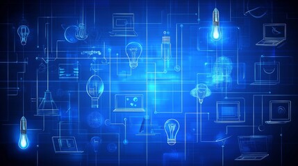 Fototapeta premium Abstract blue digital network background with lightbulbs and laptops.