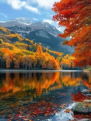 Obraz premium Autumn landscape with a serene lake surrounded by vibrant orange, red, and yellow foliage. Still water perfectly mirrors the colorful trees and the mountains in the background.