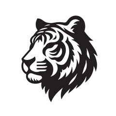 Black and white vector illustration of a tiger head in profile.