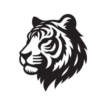 Black and white vector illustration of a tiger head in profile.