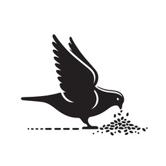 Black silhouette of a bird pecking seeds on the ground.