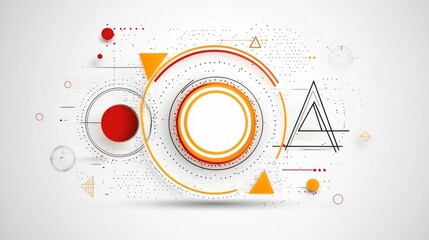 Abstract geometric background with colorful circles, triangles, and dots.