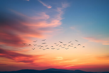 Obraz premium Migrating birds flying at sunset