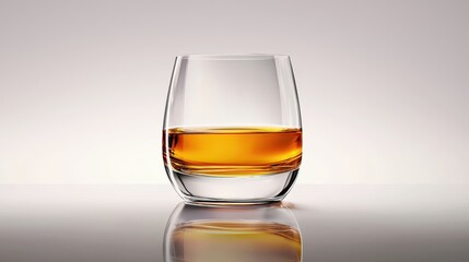 A single neat whiskey glass filled with smooth amber liquid, casting light reflections, set on a sleek surface for a luxurious look.