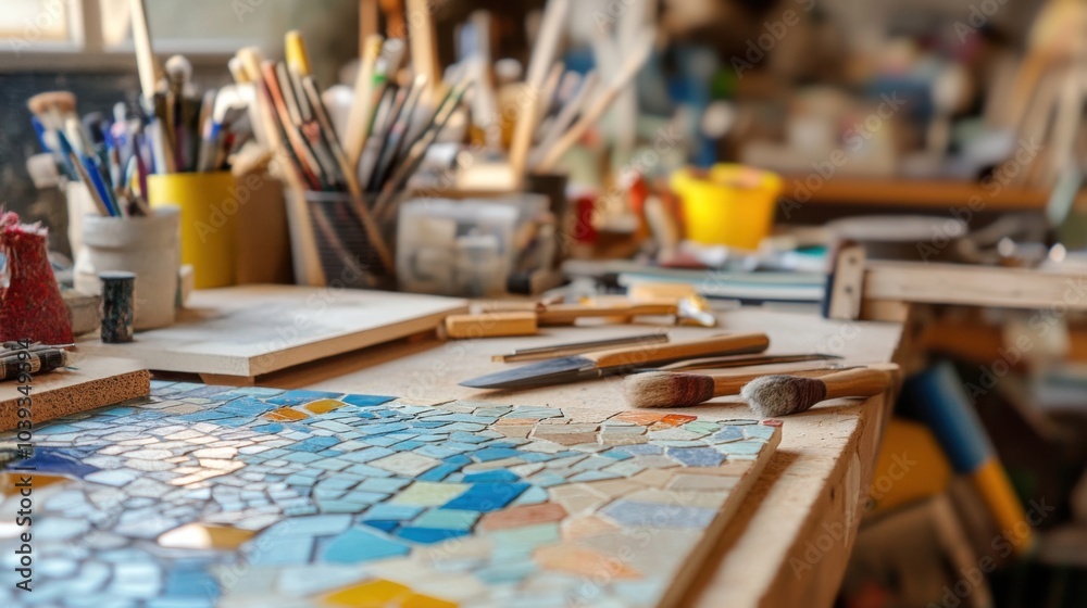 Poster a cozy mosaic art studio with mosaic tiles and artistic tools, mosaic tools arranged in a creative w
