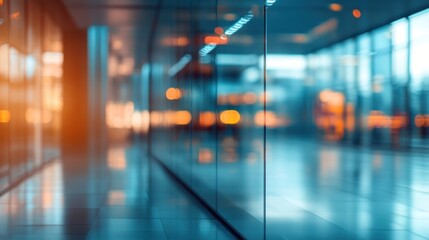 Obraz premium A modern, blurred corridor with glass walls and warm lighting effects.